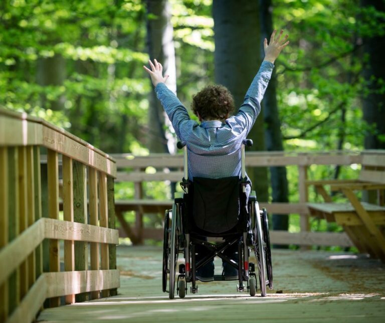 Een persoon in rolstoel op een wandelpad door de natuur. Symbool voor het toegankelijke Pieterpad voor mensen met een beperking.